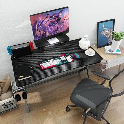 45IN Gaming Desk Gamer Table Carbon Fiber Surface Computer Table Gamer Desk with Monitor Shelf Office Home Study Desk Work PC Table Steel Legs Corner Desk Black