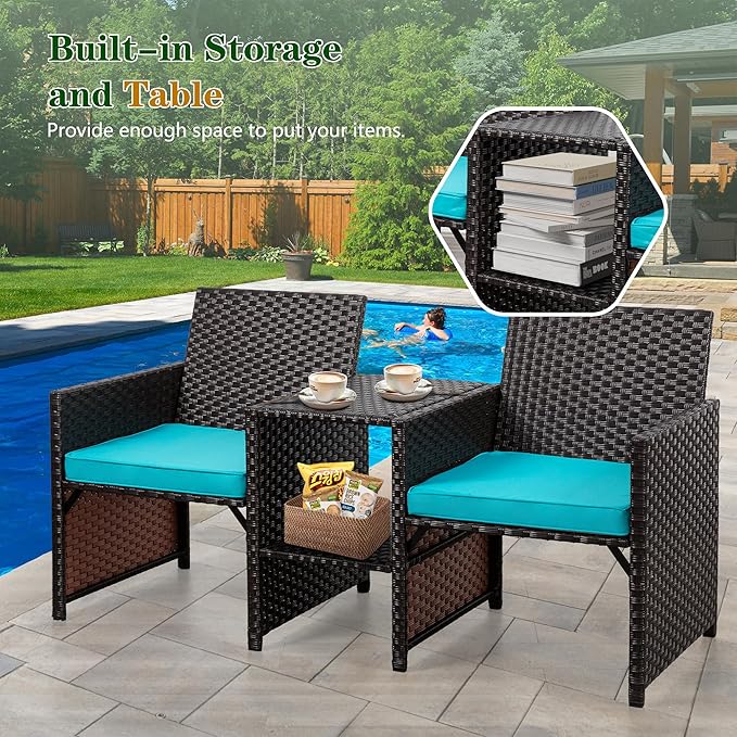 Shintenchi Wicker Patio Conversation Furniture Set with Detachable Chairs & Table and Two Removable Cushions,Rattan Wicker Lover Chair for Patio,Garden, Courtyard and Lawn Backyard (Blue)