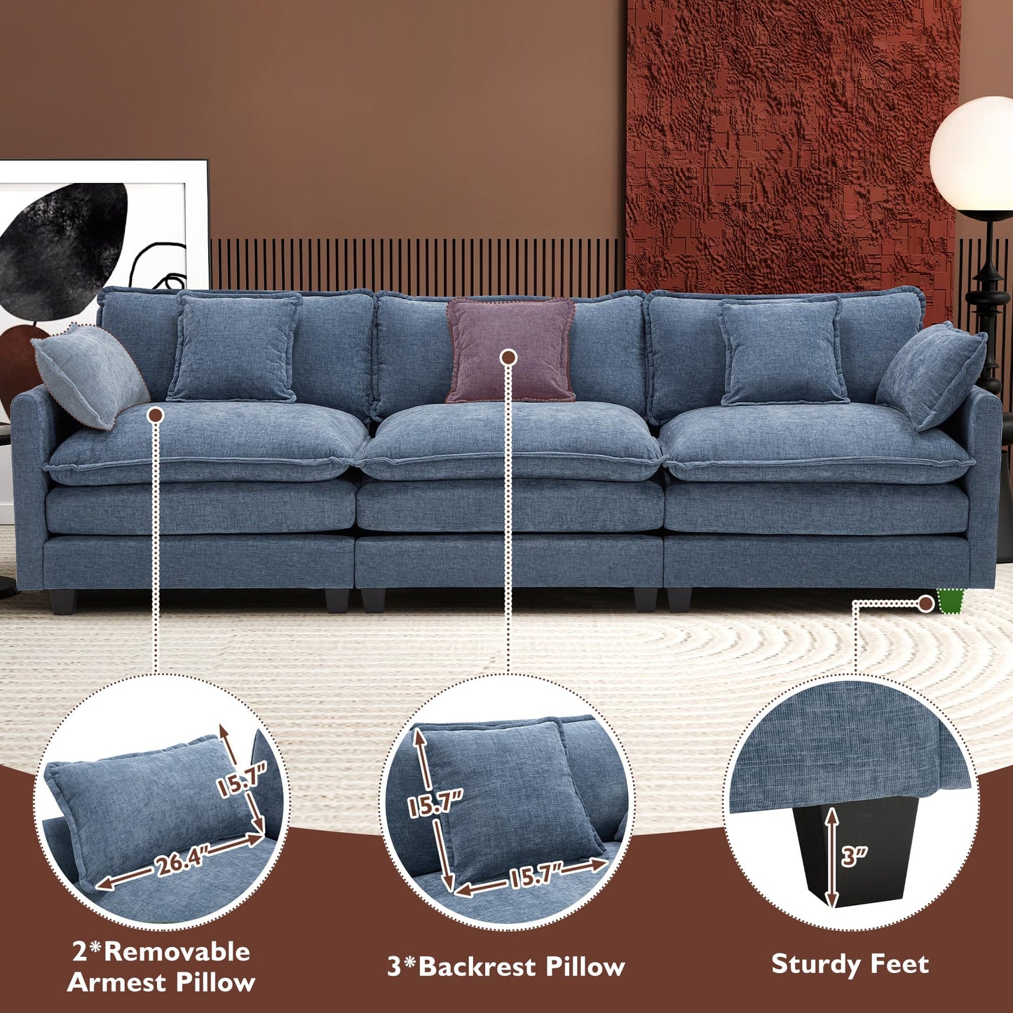 Ihanherry 111.4" L Shaped Modern Sofa Modular Sectional Cloud Couch with Ottoman, 4-Seat Chenille Deep Seat Sofa with Pillow for Living Room, Bedroom and Apartment, Beige