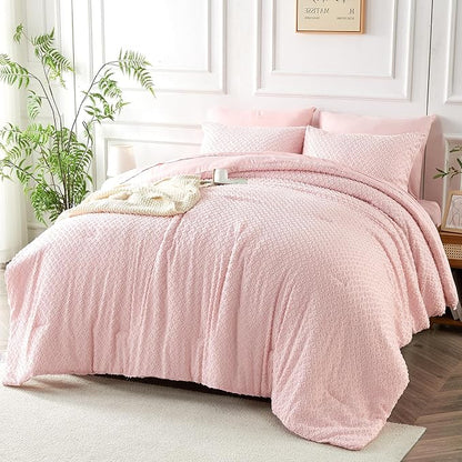 Queen Size Tufted Kids Comforter Set 7 Piece Pink Jacquard Tufts Embroidery Bedding Set for Boys Girls Bed in A Bag Quilt with 1 Comforter, 1 Flat Sheet, 1 Fitted Sheet, 2 Pillowcase and 2 Pillow Sham