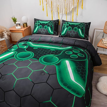NTBED Game Console Comforter Set for Boys Girls Kids Geometric Lightweight Microfiber Bedding Sets (Green, Full)