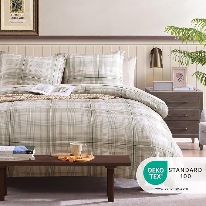 Beige Queen Bed Set, Khaki Green Plaid Comforters Queen Size for Boys & Girls,Classic Homestead-style Queen Size Comforter Sets with Sheets and Comforter Set