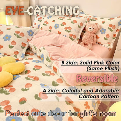 MorroMorn Twin Bedding Sets, Pink Tulips Floral Duvet Cover Set, Plush Fluffy Comforter Covers Lightweight Blanket Ultra Soft Cute for Girls Kids Toddler Teen Preppy Twin/Twin XL Size