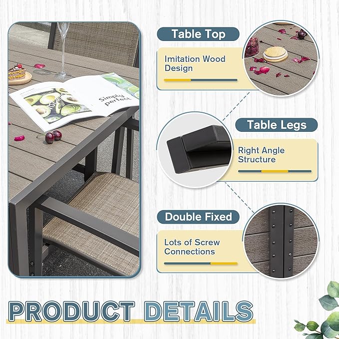 JUMMICO Outdoor Dining Set 7 Piece Patio Furniture Set with Weather Resistant Table and 6 Textilene Chairs for Yard, Deck and Poolside (Brown)