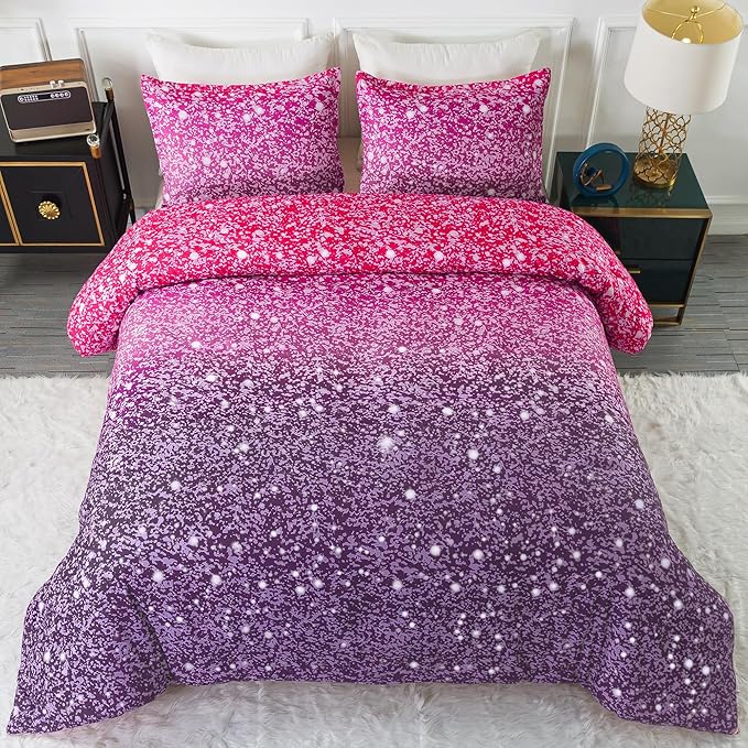 Litanika Galaxy Comforter Queen(90x90lnch), 3 Pieces(1 Purple Glitter Ombre Comforter, 2 Pillowcases), 3D Colorful Rainbow Bedding Set, Microfiber Comforter Set for Kid Boy Girl Teen