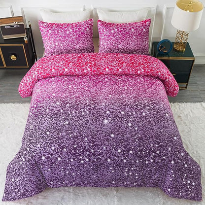 Litanika Galaxy Comforter Queen(90x90lnch), 3 Pieces(1 Purple Glitter Ombre Comforter, 2 Pillowcases), 3D Colorful Rainbow Bedding Set, Microfiber Comforter Set for Kid Boy Girl Teen