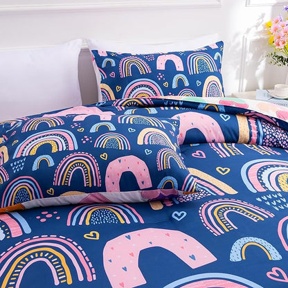Btargot Lightweight Soft 3 Piece Rainbow Comforter Set with 2 Pillow Covers, Cartoon Love Hearts Suns and Stars Bedding Set for Girls Boys Kids, Full Dark Blue