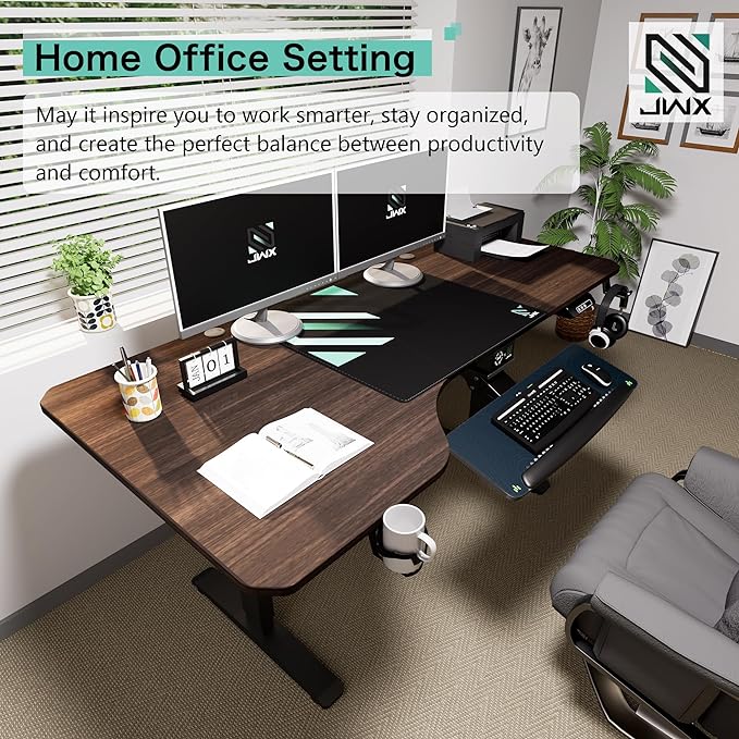 Standing Desk, L Shaped Adjustable Standing Desk, 63'' Corner Height Adjustable desk with Cup Holder, Headphone Hook, Cable Manager, and Mouse pad, Brown Panel