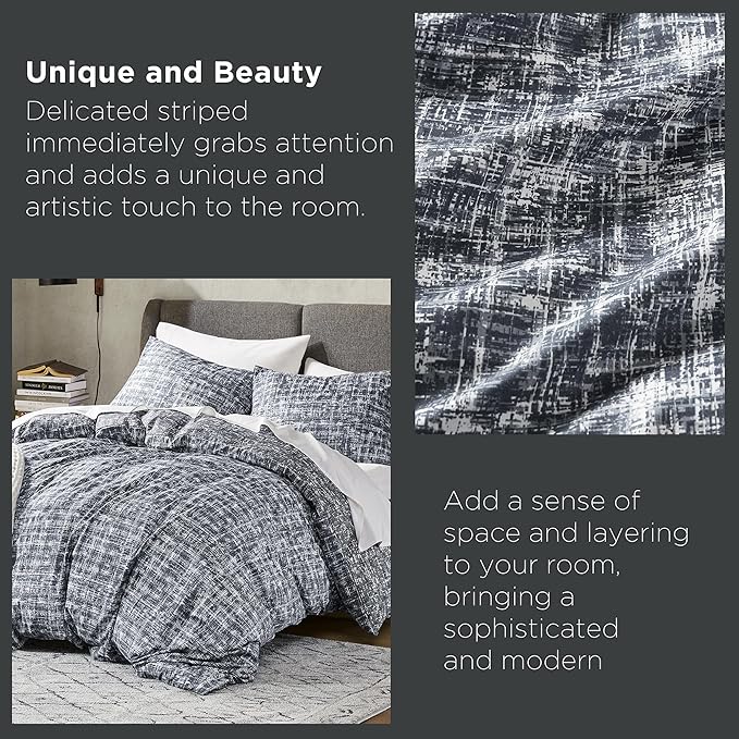 Hyde Lane Comforter King Size for Men, Grey Modern Farmhouse Aesthetic Soft Bedding Set, Masculine Plaid Lines Pattern Bed Sets for All Season, 3 Pieces includes 1 Comforter, 2 Shams (104"x 90")