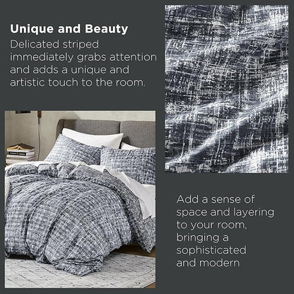 Hyde Lane Comforter King Size for Men, Grey Modern Farmhouse Aesthetic Soft Bedding Set, Masculine Plaid Lines Pattern Bed Sets for All Season, 3 Pieces includes 1 Comforter, 2 Shams (104"x 90")