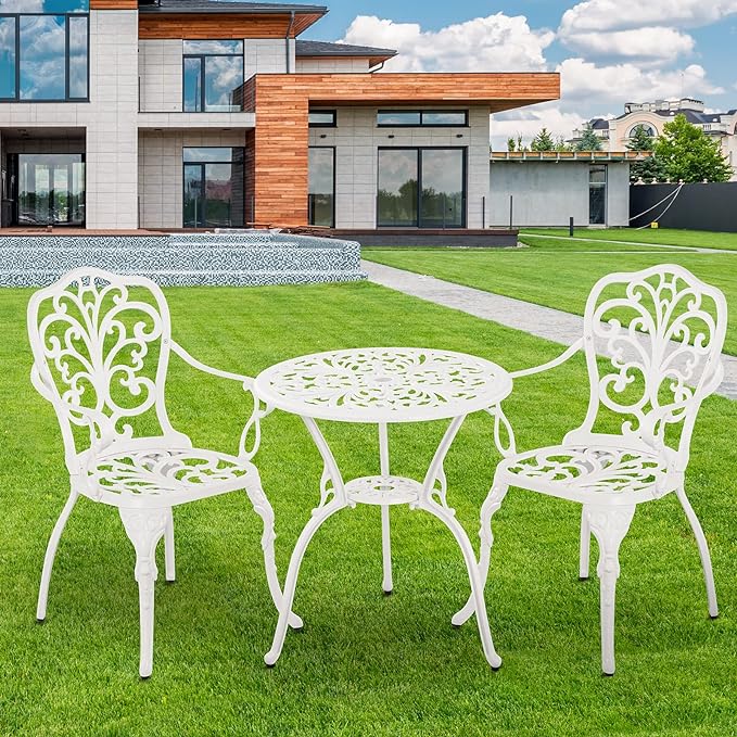 Patio Bistro Sets 3 Piece,Cast Aluminum Bistro Table and Chairs Set of 2 with 1.97" Umbrella Hole,All Weather Bistro Table Set Outdoor Patio Furniture for Garden,Yard(Butterfly White)