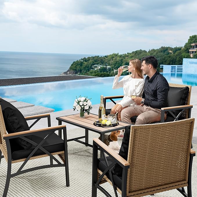 YITAHOME 4-Piece Patio Wicker Furniture Set with Wood Armrest, All Weather Rattan Conversation Furniture Sets for Backyard, Balcony, Deck w/Soft Cushions and Plastic Wood Table (Light Brown+Black)