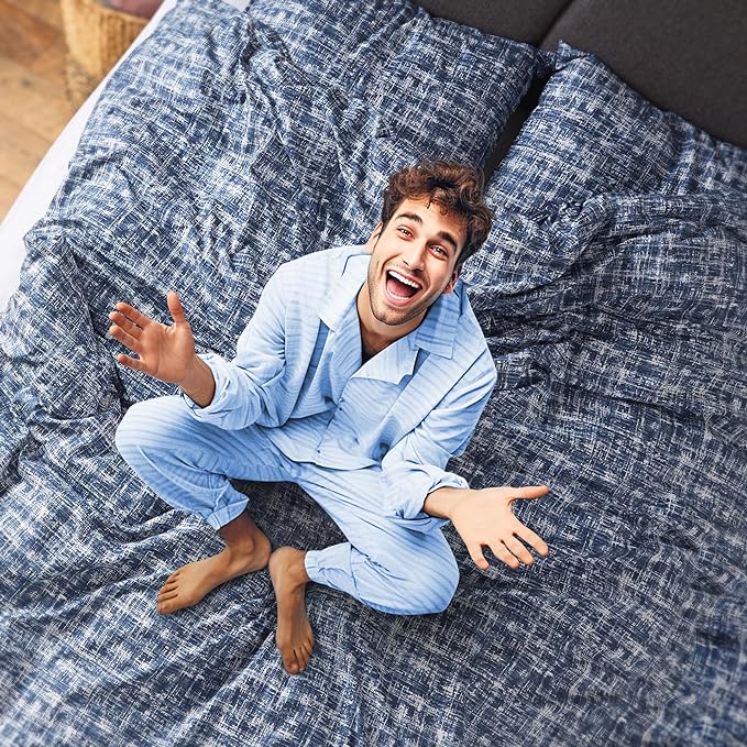 Hyde Lane Blue Full/Queen Comforter Set for Men, Modern Farmhouse Aesthetic Soft Bedding, Masculine Plaid Lines Pattern Bed Sets for All Season, 3 Pieces includes 1 Comforter, 2 Shams (90"x 90")