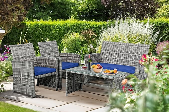 Shintenchi 4-Piece Outdoor Gray Wicker Patio Conversation Furniture Set, Rattan Patio Furniture Set with Weather Resistant Cushions and Tempered Glass Tabletop,Navy Blue