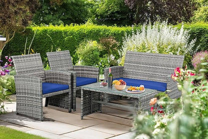 Shintenchi 4-Piece Outdoor Gray Wicker Patio Conversation Furniture Set, Rattan Patio Furniture Set with Weather Resistant Cushions and Tempered Glass Tabletop,Navy Blue
