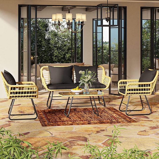 YITAHOME 4-Piece Patio Furniture Wicker Outdoor Bistro Set, All-Weather Rattan Conversation Loveseat Chairs for Backyard, Balcony and Deck with Soft Cushions and Metal Table (Light Brown+black)