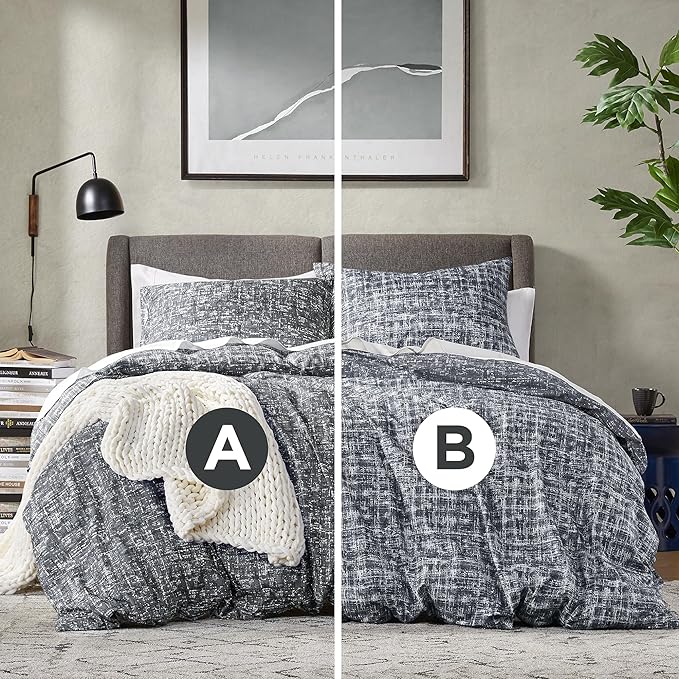 Hyde Lane Mens Full/Queen Comforter Set, Grey Modern Farmhouse Aesthetic Soft masculine Bedding, Plaid Lines Pattern Bed Sets for All Season, 3 Pieces includes 1 Comforter, 2 Shams (90"x 90")