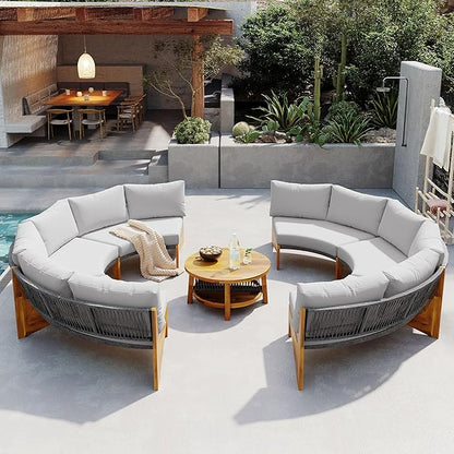 Merax Outdoor Sectional Patio Furniture Sets, Half Moon All Weather Wicker Seating Group, with Cushions and Round Coffee Table, Grey
