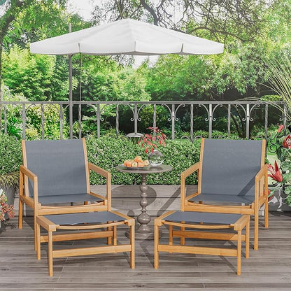 Greesum 4 Piece Furniture Outdoor Acacia Wood Chair with Ottoman for Porch, Balcony, Deck, Patio, Backyard, Gray