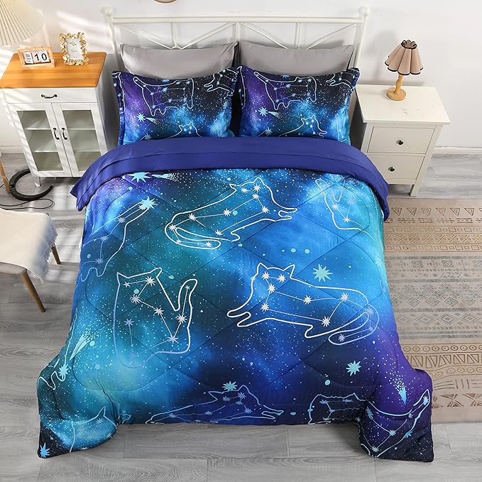Wowelife Galaxy Bedding Twin Comforter Set for Boys and Girls 5 Pieces Cat Galaxy Comforter Set Outer Space Twin Bedding Set with Sheets Comfortable and Breathable for Kids