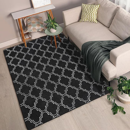Chicrug Shag Geometric Modern Area Rug for Living Room, 3x5 Feet Large Memory Foam Indoor Carpet, Fluffy Rug for Bedroom Bedside Room Decor for Family Girls Kids Nursery, Black/White