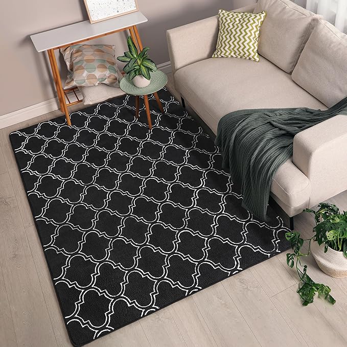Chicrug Shag Geometric 6x9 Area Rug for Living Room, Large Modern Memory Foam Indoor Carpet, Fluffy Rug for Bedroom Bedside Room Decor for Family Girls Kids Nursery, Black/White