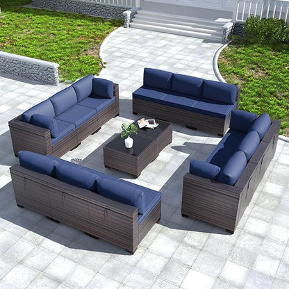 Kullavik 14PCS Outdoor Patio Furniture Set PE Wicker Rattan Sectional Sofa Patio Conversation Sets,Navy blue