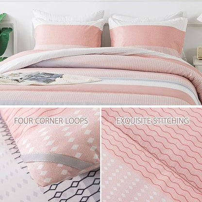 Andency Stripe Comforter Set King Size (104x90 Inch), 3 Pieces Pink Patchwork Striped Comforter, Soft Microfiber Down Alternative Comforter Bedding Set with Corner Loops