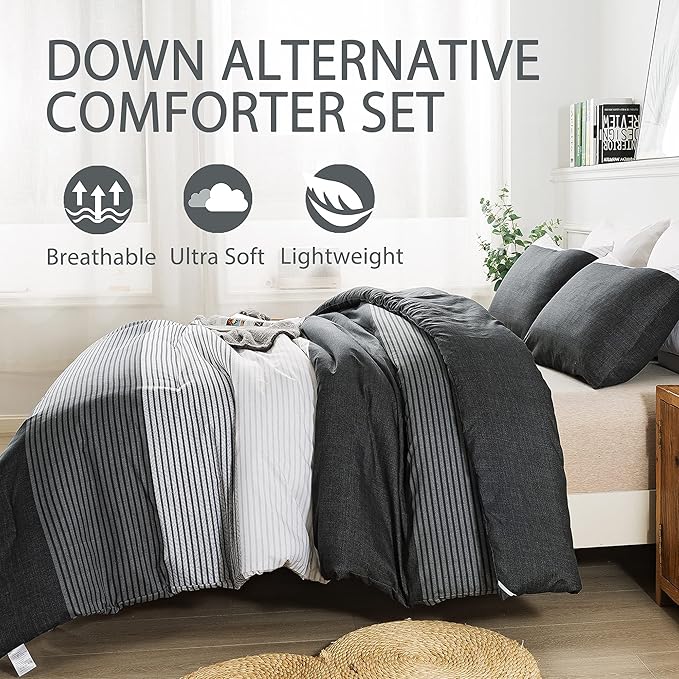 Andency Full Size Comforter Set,3 Pieces Black White Gray Patchwork Striped Comforter(79x90 Inch), Soft Microfiber Down Alternative Full Comforter Bedding Sets with Corner Loops