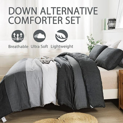Andency Full Size Comforter Set,3 Pieces Black White Gray Patchwork Striped Comforter(79x90 Inch), Soft Microfiber Down Alternative Full Comforter Bedding Sets with Corner Loops