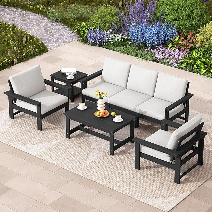 SERWALL HDPE Patio Coversation Set, 7-piece Outdoor Sectional Sofa Set, All Weather Patio Couch Set Patio Furniture for Balcony, Deck, Black Frame with Khaki Cushion