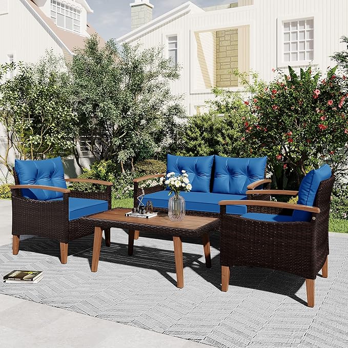 Merax Patio Furniture Sets 4 Pieces, All Weather Outdoor PE Rattan Sofa with Wood Table and Legs, for Lawn, Backyard, Poolside or Garden, Blue