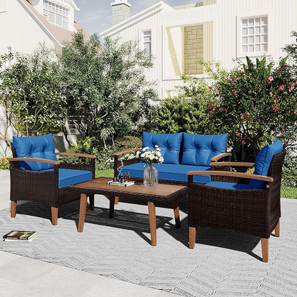 Merax Patio Furniture Sets 4 Pieces, All Weather Outdoor PE Rattan Sofa with Wood Table and Legs, for Lawn, Backyard, Poolside or Garden, Blue