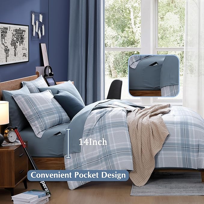 Blue King Size Comforter, Dorm Plaid Light Blue King Bedding Set Homestead-style King Size Bed Set for Bedroom (Light Blue,King,102"*90")