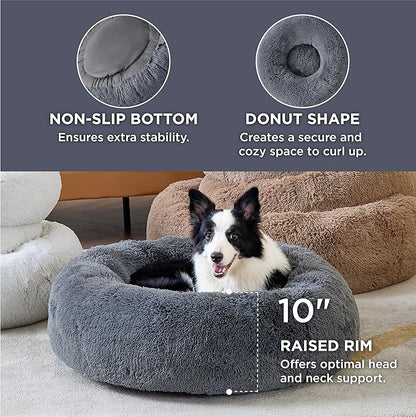 Bedsure Calming Dog Bed for Large Dogs - Donut Washable Large Pet Bed, 36 inches Anti-Slip Round Fluffy Plush Faux Fur Dog Bed, Fits up to 100 lbs Pets, Dark Grey
