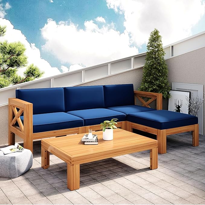 Merax 5 Pieces, Patio Furniture Sets, Solid Wood Sectional Sofa Seating Group with Soft Cushions, for Backyard and Garden, Blue