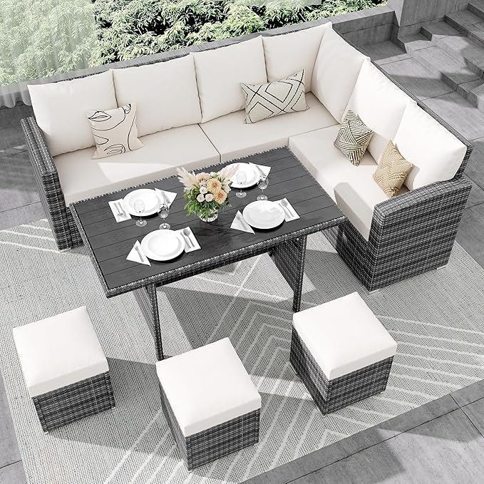 IDEALHOUSE 7 Pieces Outdoor Dining Set,Patio Sectional Sofa Conversation Set All Weather Wicker Rattan Couch Dining Table & Chair with Ottoman Beige
