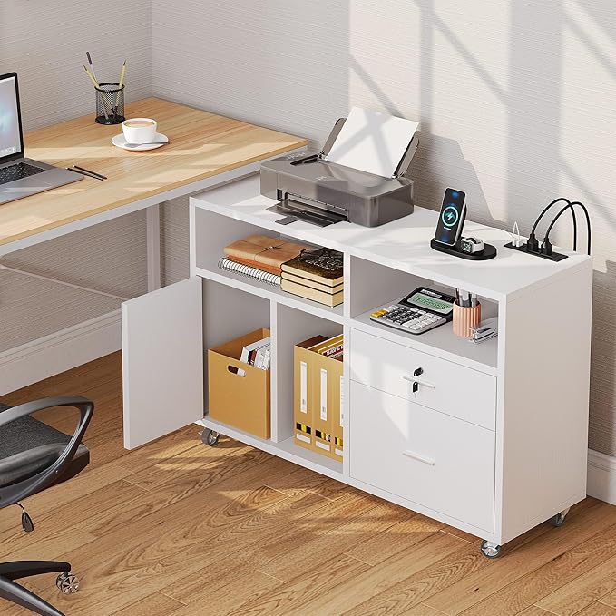 DWVO 2 Drawer File Cabinet with Charging Station, Mobile Filing Cabinet with Lock, White