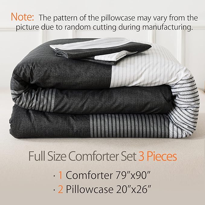 Andency Full Size Comforter Set,3 Pieces Black White Gray Patchwork Striped Comforter(79x90 Inch), Soft Microfiber Down Alternative Full Comforter Bedding Sets with Corner Loops
