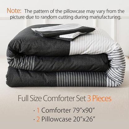 Andency Full Size Comforter Set,3 Pieces Black White Gray Patchwork Striped Comforter(79x90 Inch), Soft Microfiber Down Alternative Full Comforter Bedding Sets with Corner Loops