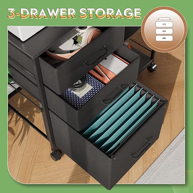 DEVAISE 3 Drawer Mobile File Cabinet, Rolling Printer Stand with Open Storage Shelf, Fabric Lateral Filing Cabinet fits A4 or Letter Size for Home Office, Black