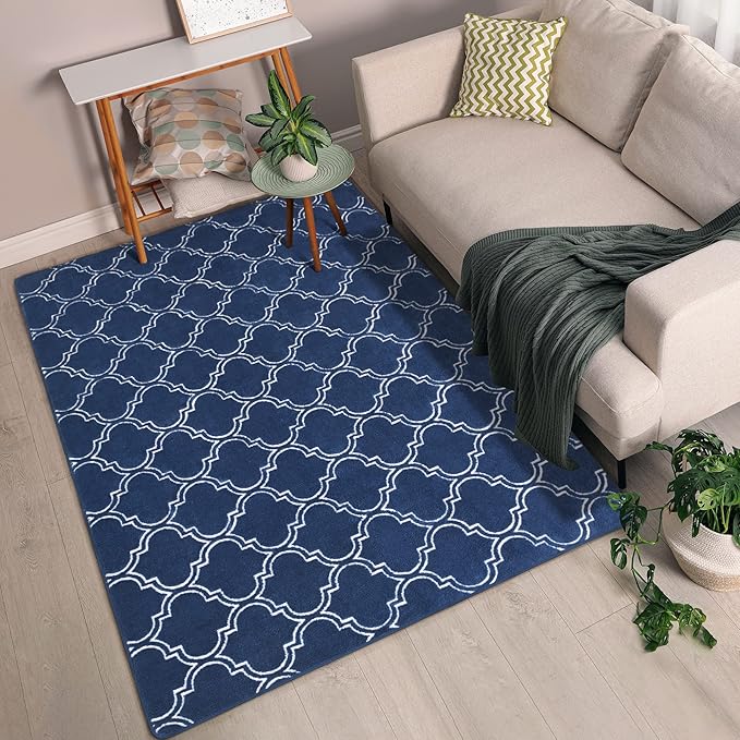 Chicrug Shag Geometric Modern Area Rug for Living Room, 7x10 Feet Large Memory Foam Indoor Carpet, Fluffy Rug for Bedroom Bedside Room Decor for Family Girls Kids Nursery, Navy/White