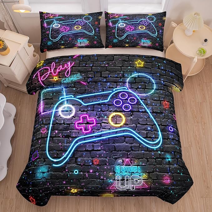 Full Size Comforter Set for Boys, Gamer Bedding Set, 3 Pieces, Gamepad 06, Polyester, All Seasons, Machine Wash