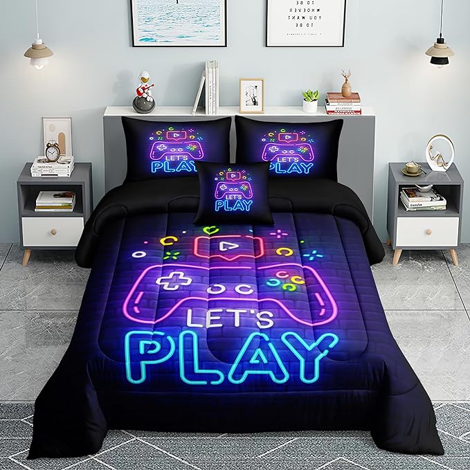Gamer Comforter Sets,Gaming Bedding Set for Boys 6 pcs,Kids Comforter Sets for Boys,Twin Purple Comforter Sets for Boys,Bed in A Bag with Sheets(Twin,Purple Color)