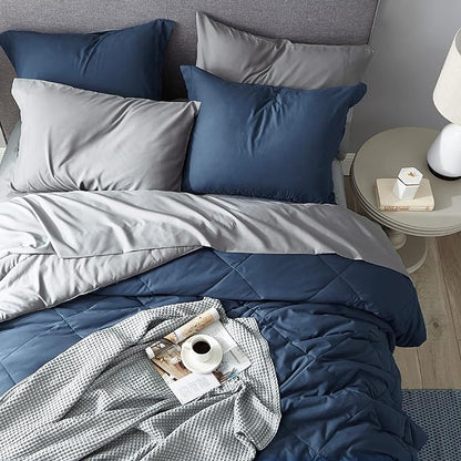 Bedsure Navy Full Size Bed in a Bag - 7 Pieces Reversible Comforter Set Full Bed Set with Comforters, Sheets, Pillowcases & Shams, Full Bedding Sets