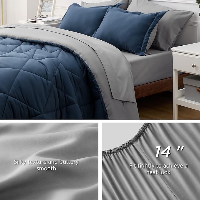 Bedsure Navy Full Size Bed in a Bag - 7 Pieces Reversible Comforter Set Full Bed Set with Comforters, Sheets, Pillowcases & Shams, Full Bedding Sets