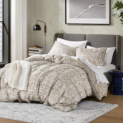 Hyde Lane Comforter King Size for Men, Taupe Modern Farmhouse Aesthetic Soft Bedding Set, Masculine Plaid Lines Pattern Bed Sets for All Season, 3 Pieces includes 1 Comforter, 2 Shams (104"x 90")