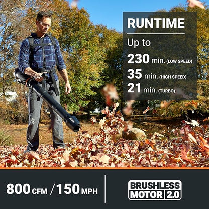 Worx Nitro 80V Cordless Leaf Blower, 800 CFM 150 MPH, Brushless Backpack Electric Leaf Blower WG572, Turbine Fan, Variable Air Control – 4 PowerShare Batteries, Basecamp Charger Included