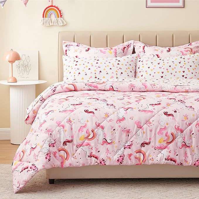 Twin Unicorn Kids Bedding Set for Girls, 5 Pieces Super Soft Lightweight Microfiber Comforter Set with Sheets, Bed in a Bag, Durable Children Bed Set