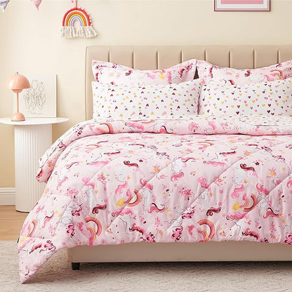 Twin Unicorn Kids Bedding Set for Girls, 7 Pieces Super Soft Lightweight Microfiber Comforter Set with Sheets, Bed in a Bag, Durable Children Bed Set